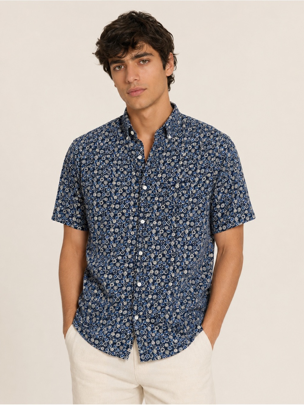 J. Crew Navy Floral Short-Sleeve Button-Down Shirt